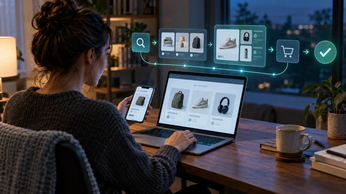 A shopper using a laptop and phone as an automated search-to-checkout flow appears above the desk