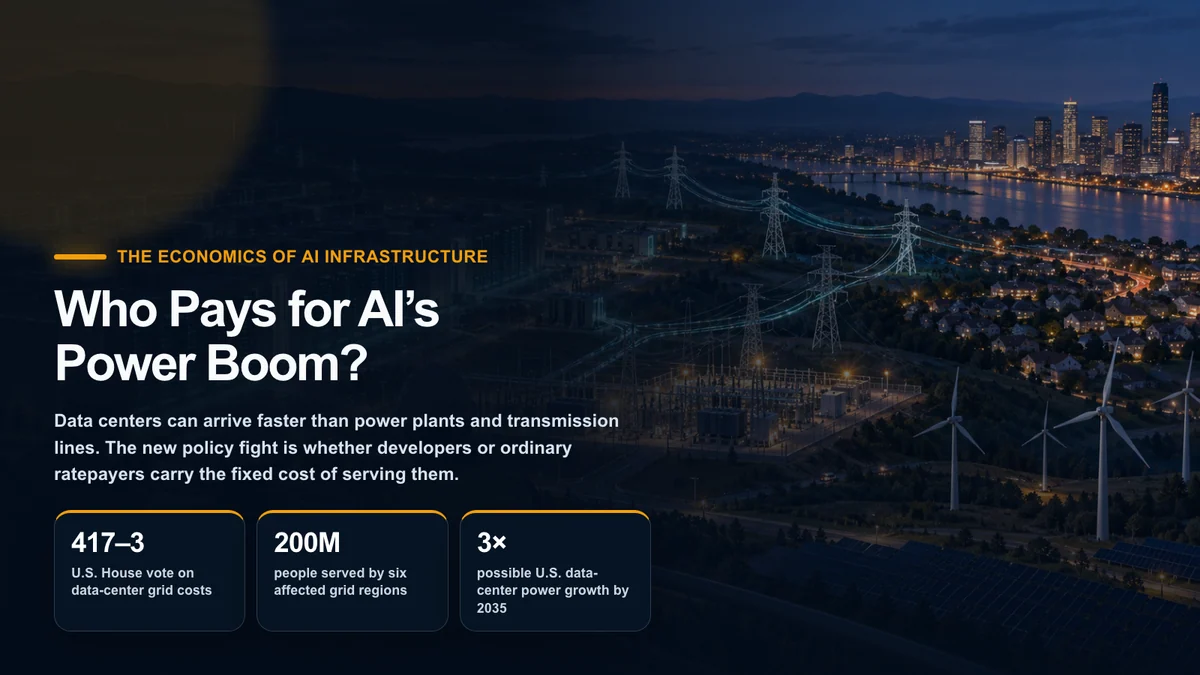 A large AI data-center campus connected through substations and transmission lines to homes and a city