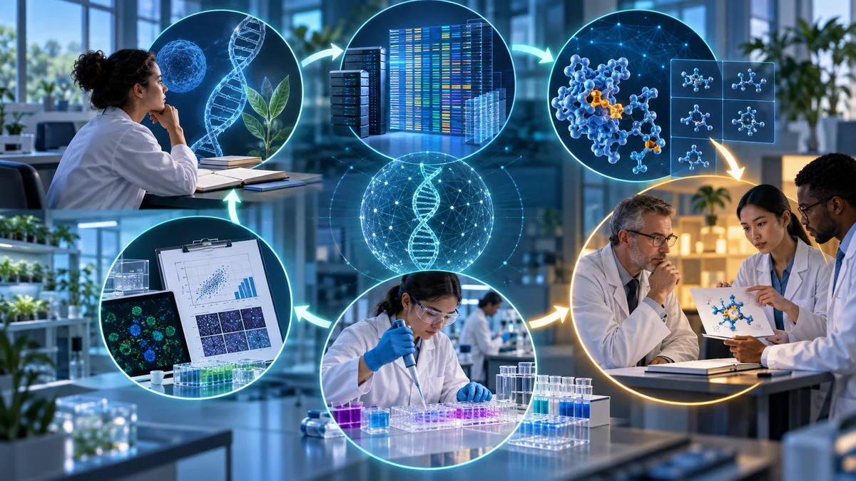 A research loop from biological question and data search through hypothesis, human review, wet-lab testing and evidence