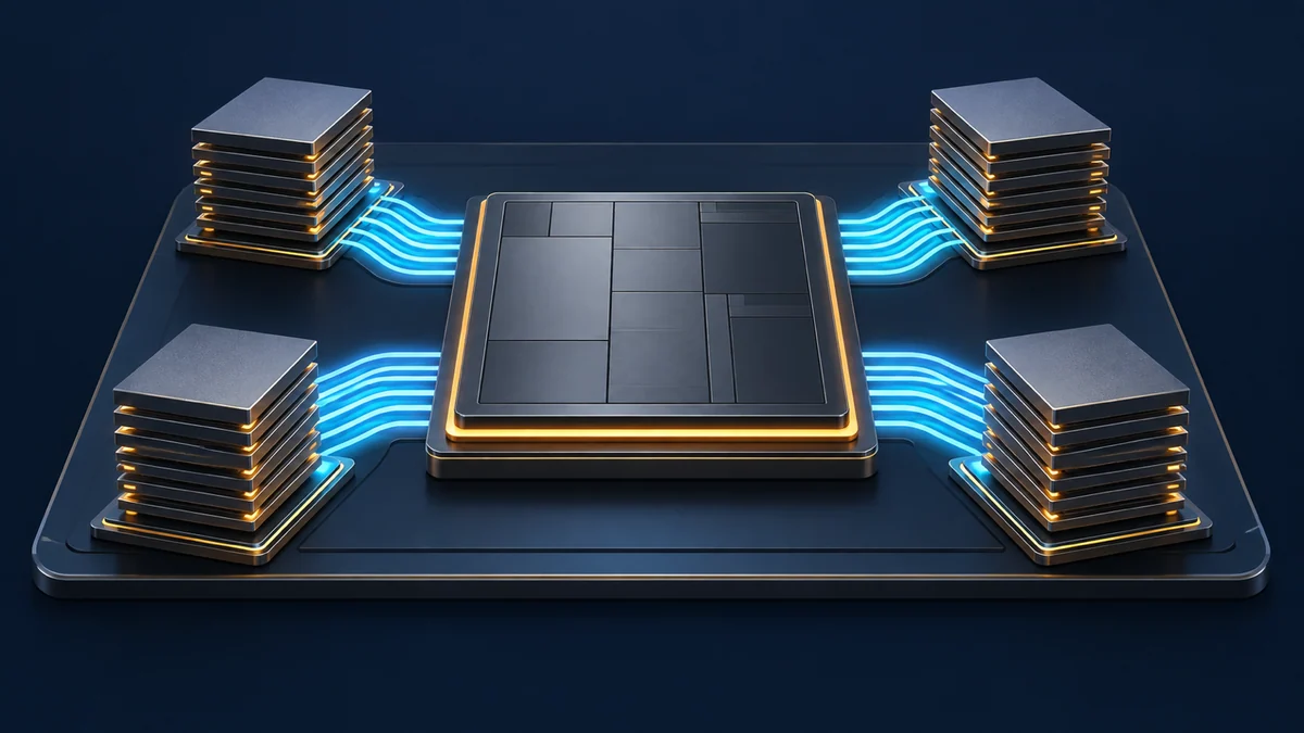 A generic AI accelerator linked to four stacks of high-bandwidth memory