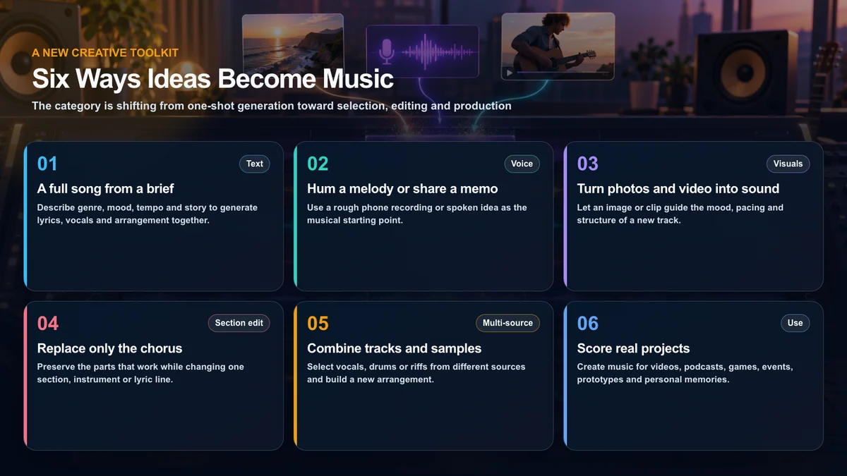 Six capabilities of current AI music tools: text generation, voice memos, visual inputs, section editing, multi-source production and real project scoring