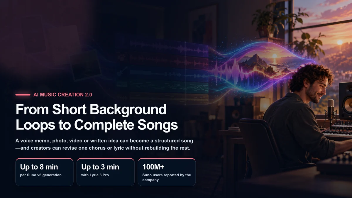 A personal music studio turning written ideas, photos, video and voice memos into a structured song with vocals, drums, bass and melody