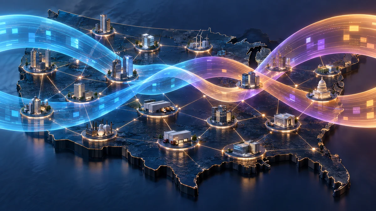 Two provider-adoption streams crossing through a network of U.S. business nodes