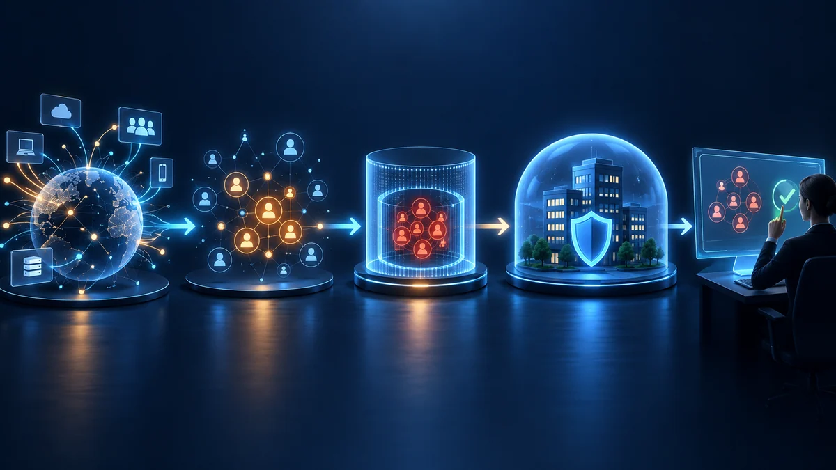 A defensive flow from threat observation and correlation to containment, organization protection, and human review