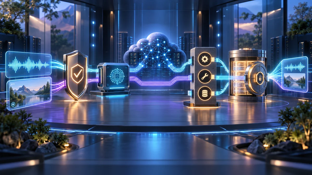Live audio and video passing through consent, local processing, cloud inference, tool permissions and retention controls