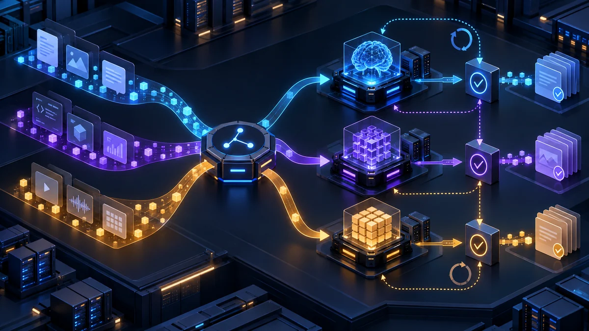 Tasks routed to three model tiers based on risk, complexity and volume, followed by verification loops