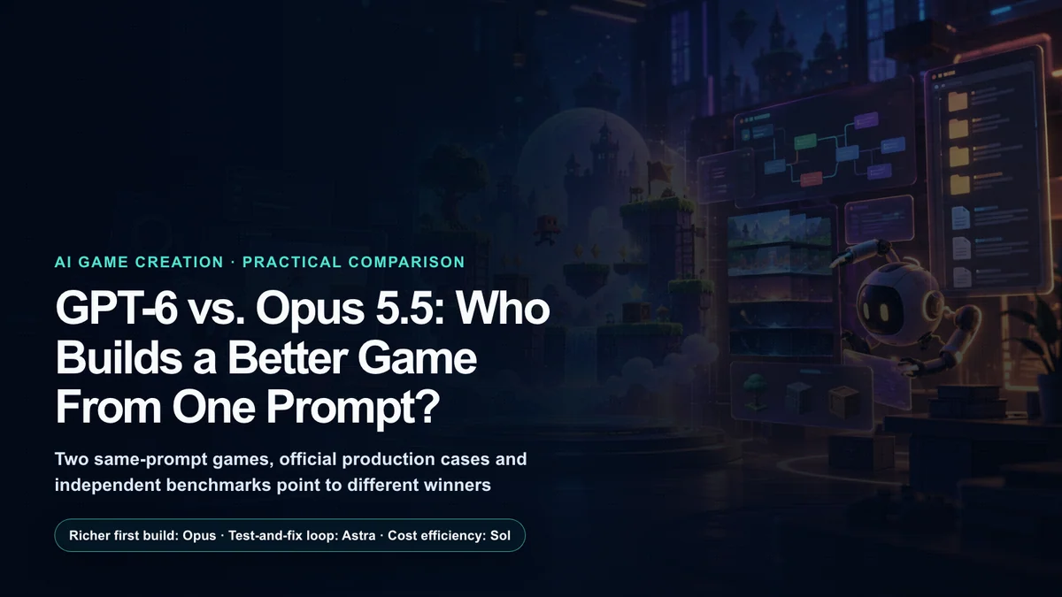 Two AI workspaces building the same original browser game in a cinematic editorial scene