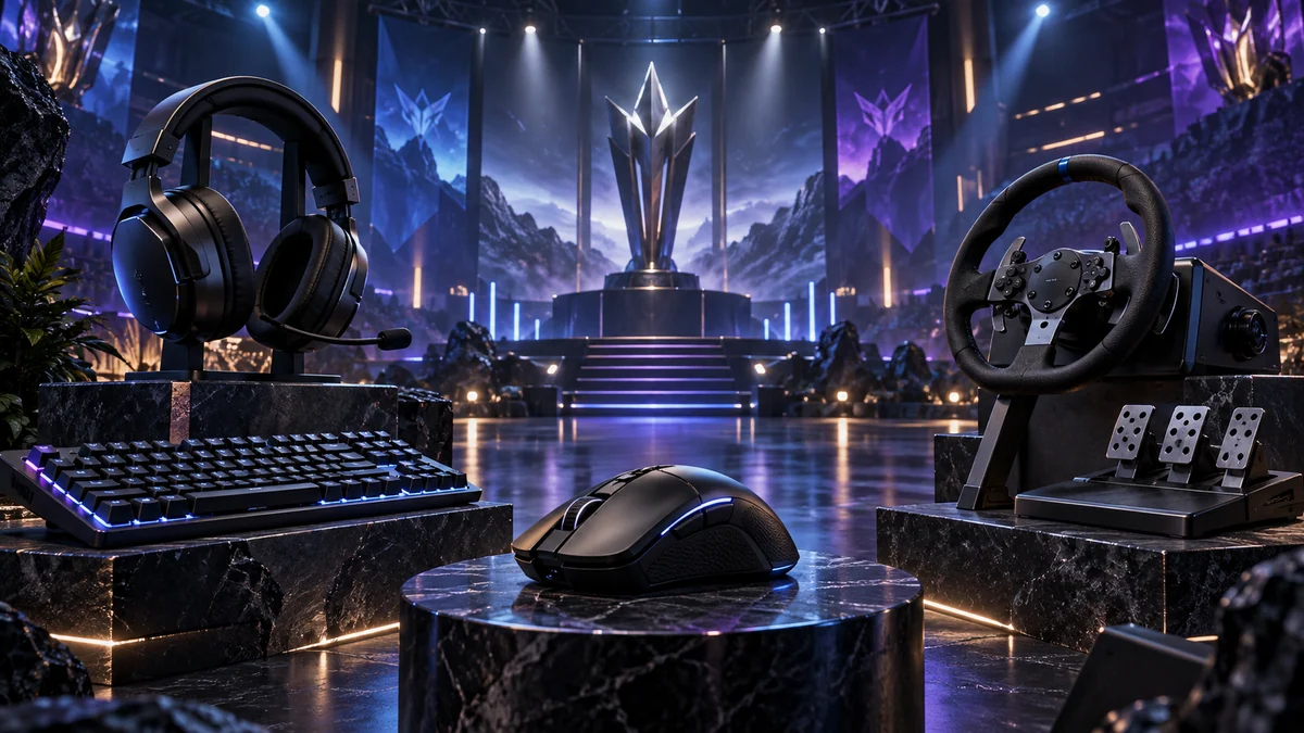 Gaming mice, keyboards, headsets and sim-racing equipment arranged around a competitive stage