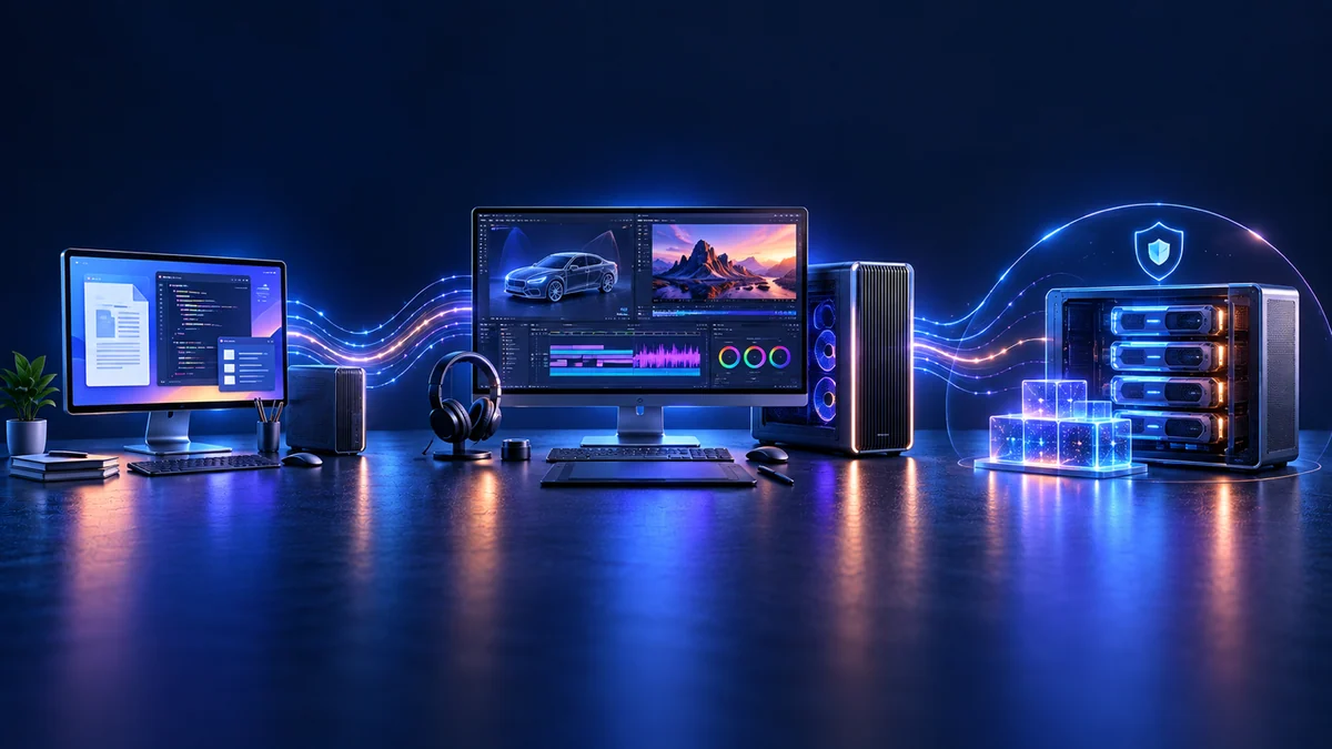 A visual progression from everyday desktop work to professional media and secure local AI processing
