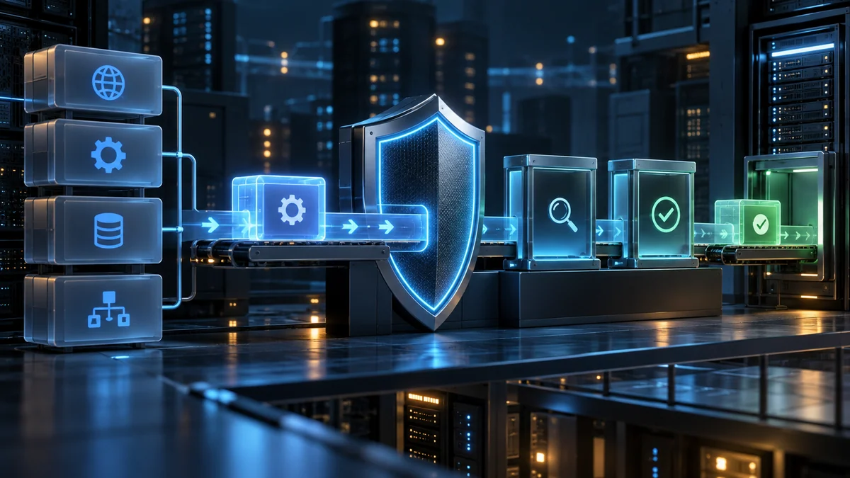 A protected deployment pipeline representing the scheduled Next.js security release