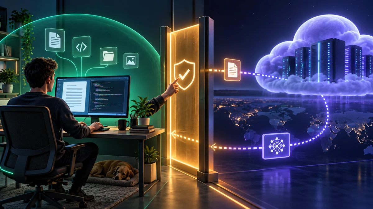 Local file and code processing followed by an approval gate for selected cloud steps