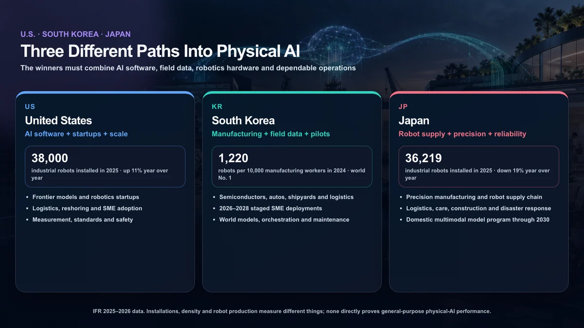 A comparison of the U.S. software-and-scale strategy, South Korea’s manufacturing data and Japan’s robotics-and-reliability base