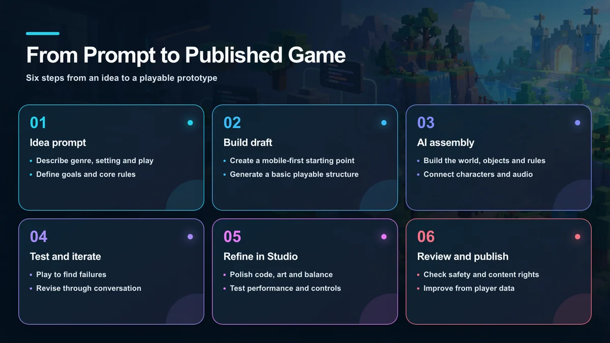 The six-stage workflow from a prompt to a published game
