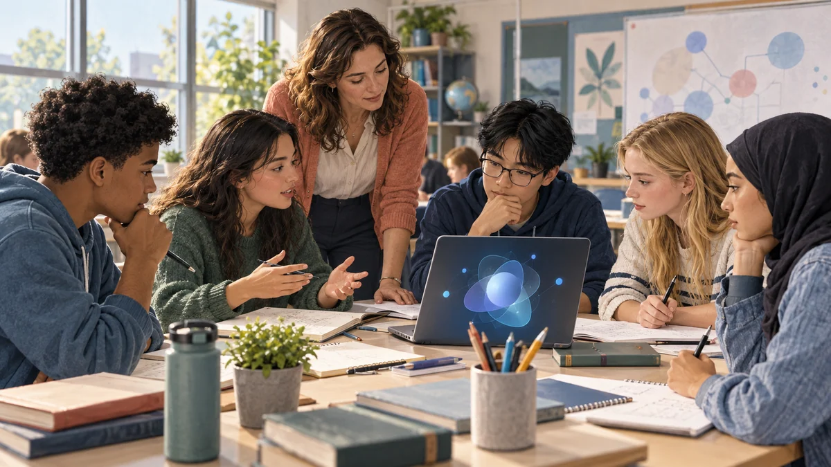 A teacher and students reviewing a generative AI result together