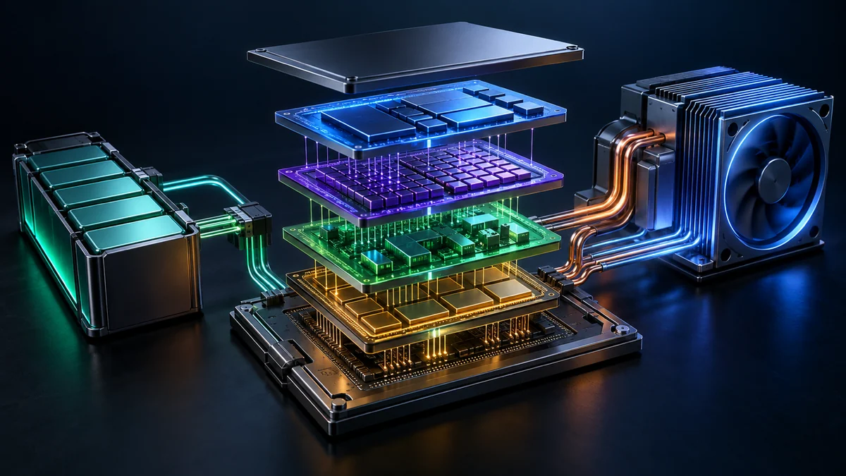CPU、GPU、NPU、メモリ、バッテリー、冷却がひとつの計算システムとしてつながる構成