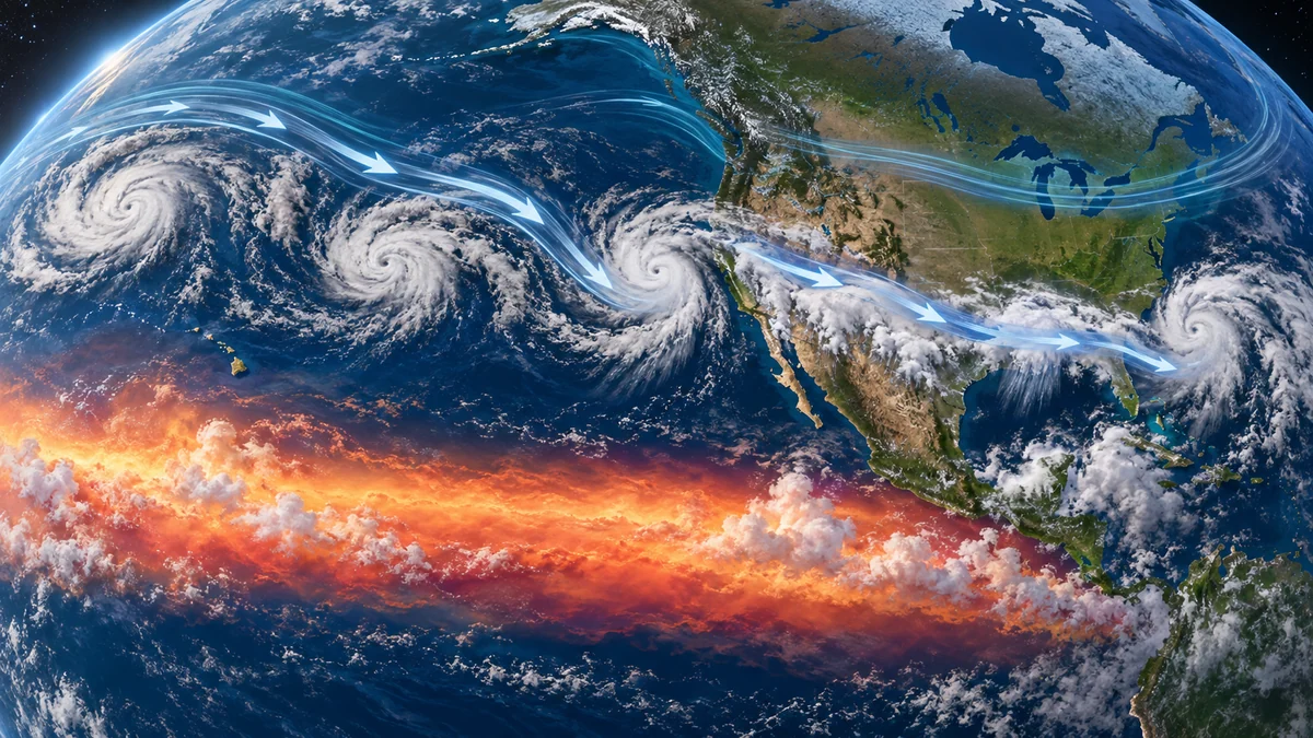 A conceptual view of warm equatorial Pacific water and a southern storm track reaching the United States