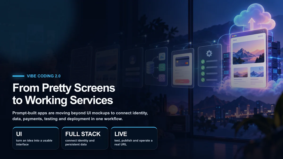 A product idea moving through interface, identity, data, payments, testing and cloud deployment to become a working service