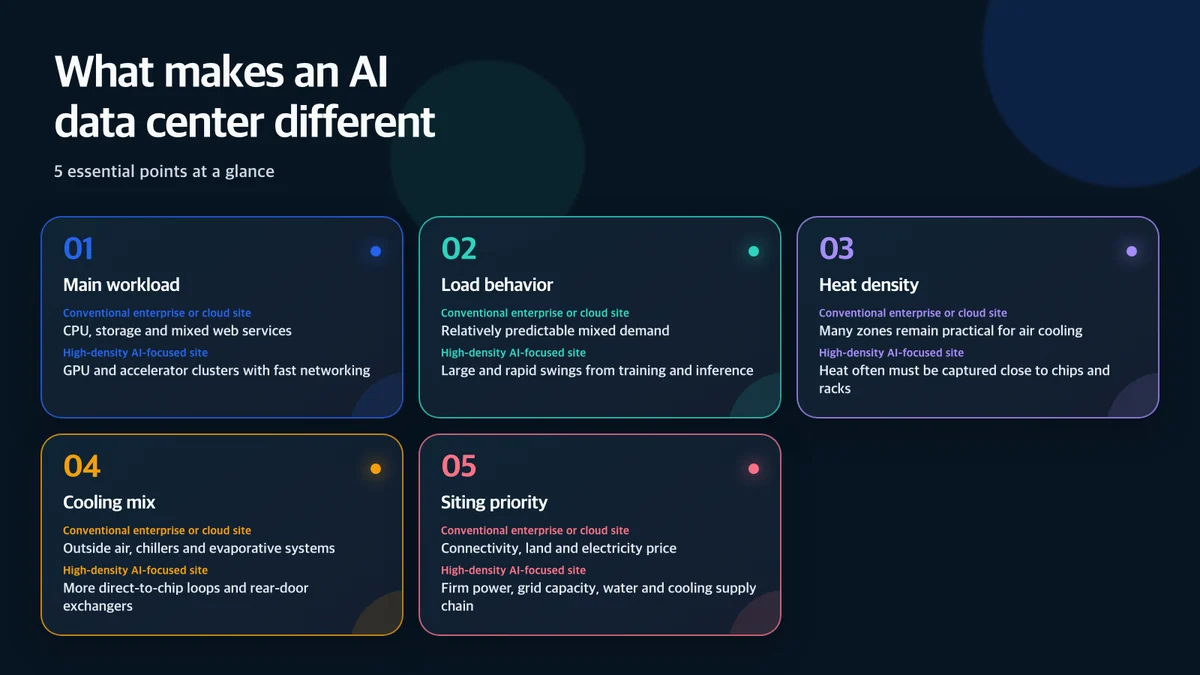What makes an AI data center different: Design question, Conventional enterprise or cloud site, High-density AI-focused site
