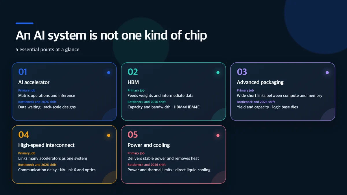 An AI system is not one kind of chip: Component, Primary job, Bottleneck and 2026 shift