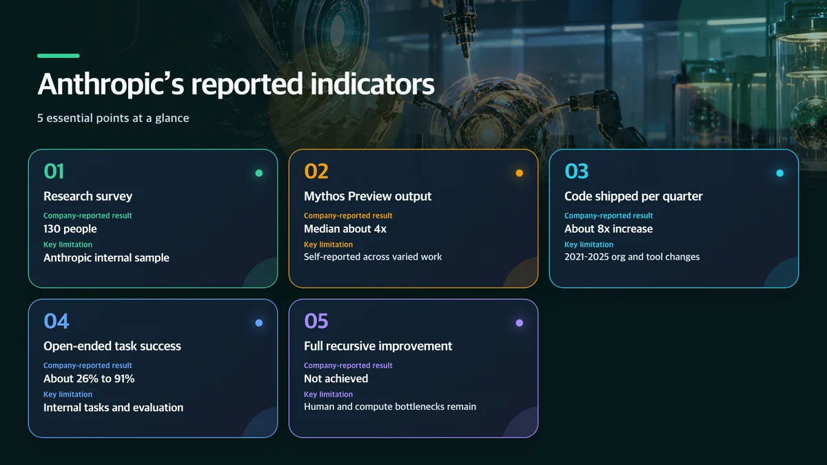 Anthropic’s reported indicators: Indicator, Company-reported result, Key limitation
