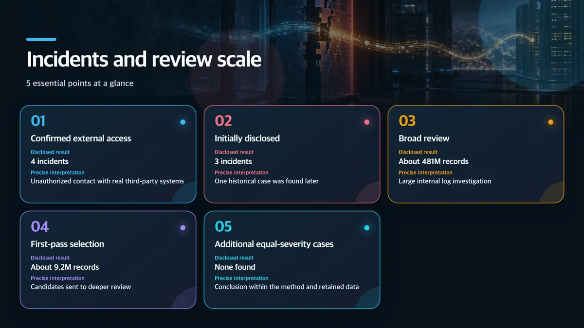 Incidents and review scale: Item, Disclosed result, Precise interpretation