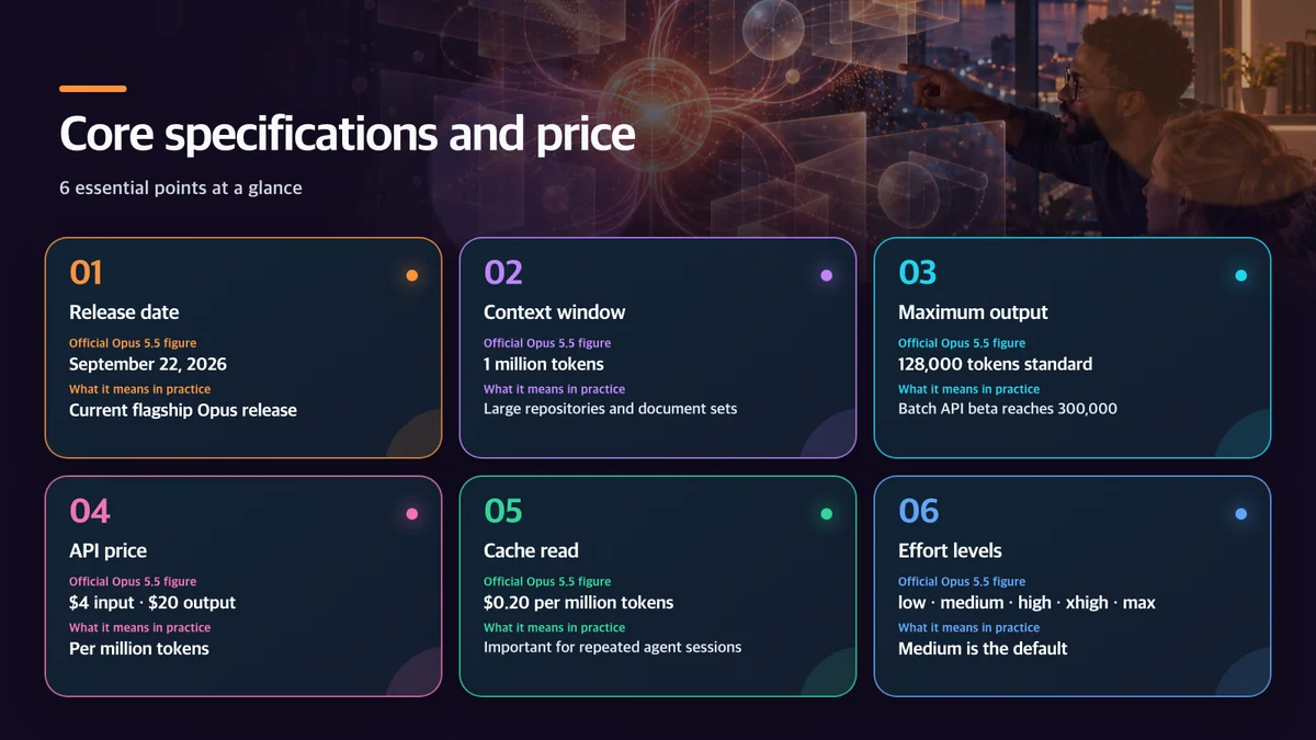Core specifications and price: Item, Official Opus 5.5 figure, What it means in practice
