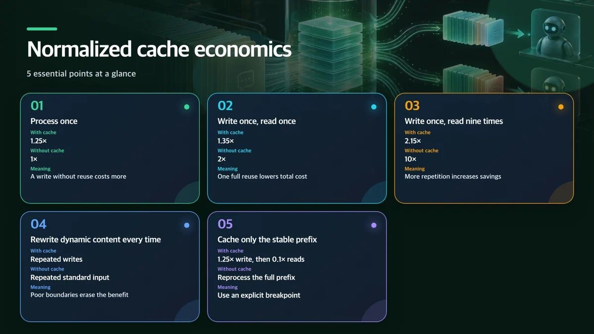 Normalized cache economics: Request pattern, Cost with caching, Cost without caching, Practical meaning