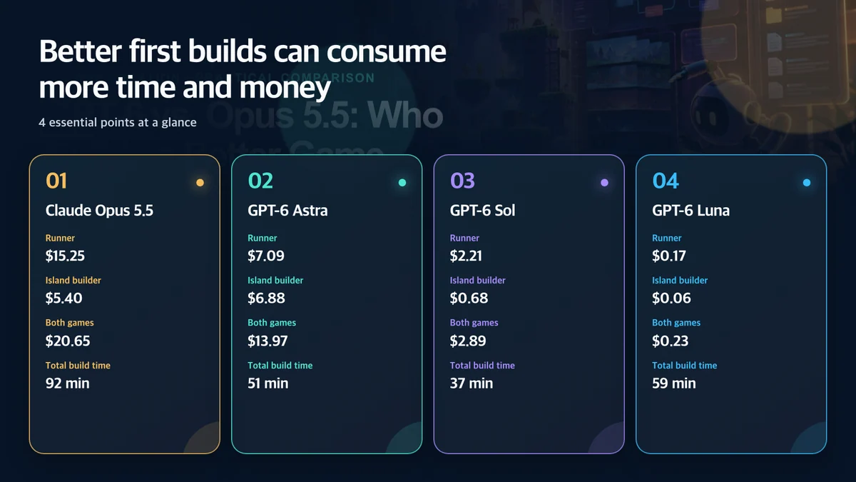 Better first builds can consume more time and money: Model, Runner, Island builder, Both games, Total build time