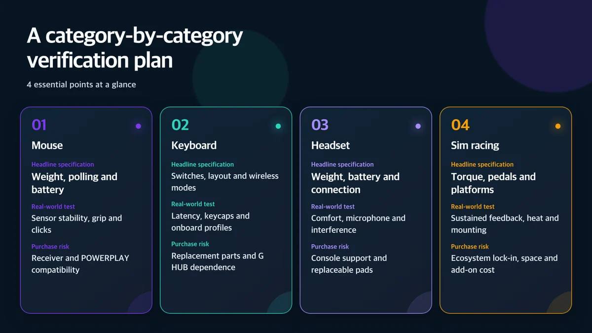 A category-by-category verification plan: Category, Headline specification, Real-world test, Purchase risk