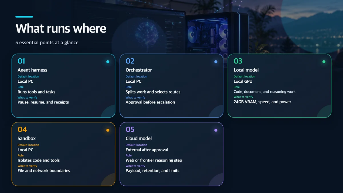 What runs where: Component, Default location, Role, What to verify