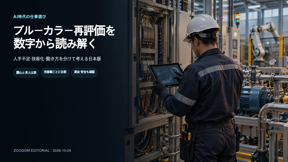 自動化設備と制御盤の横でタブレットを使い点検する現代の技能者