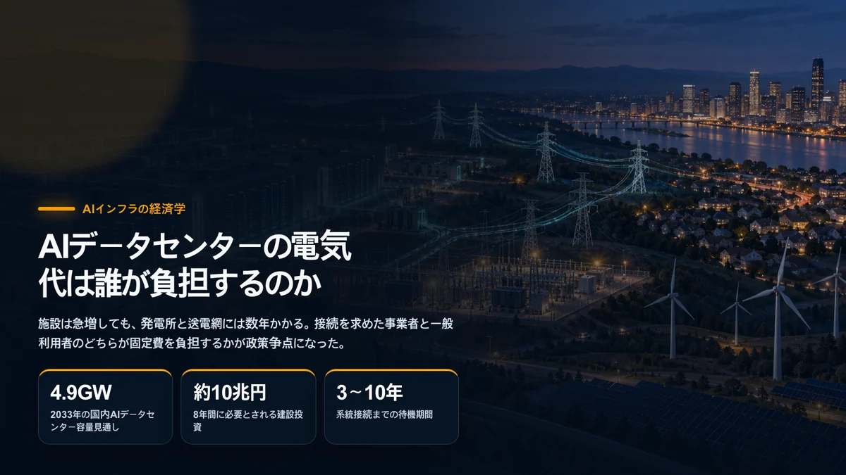AIデータセンターと発電設備、変電所、送電網、都市が一つの電力系統で結ばれた風景
