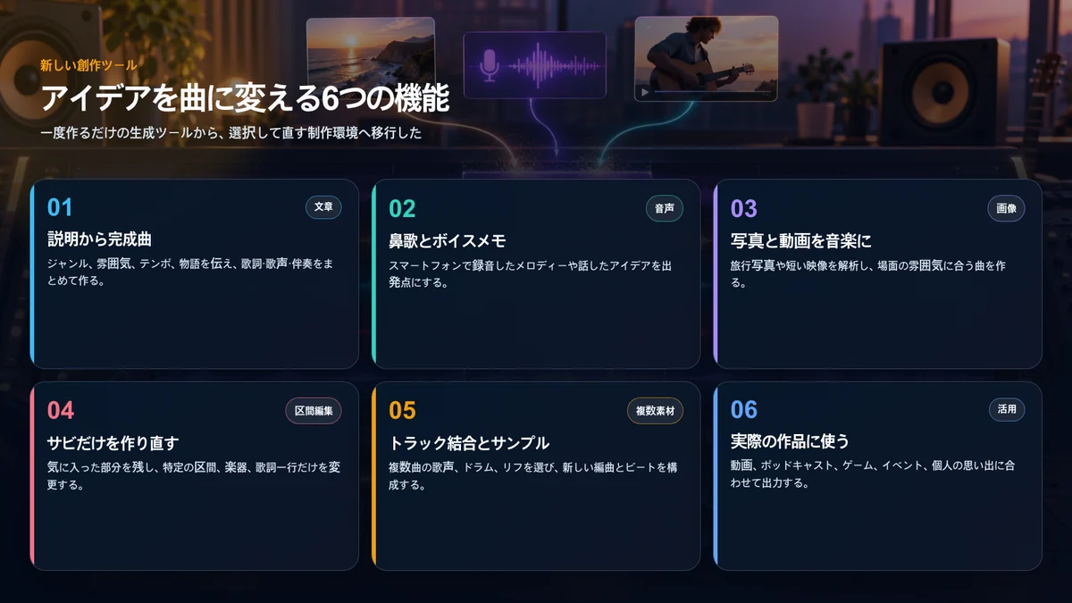 文章、音声、写真と動画、区間編集、複数素材、実際の作品への活用というAI音楽の六機能