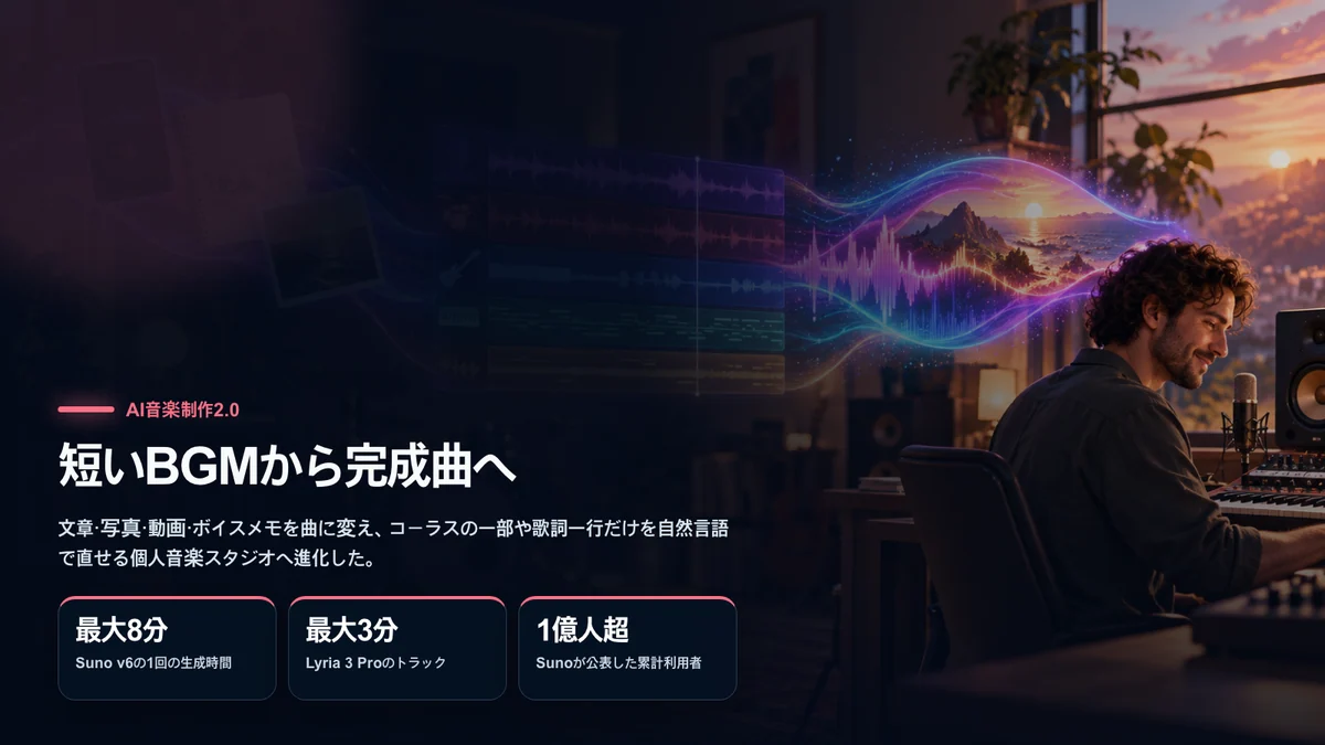 文章、写真、動画、ボイスメモが歌声、ドラム、ベース、メロディーのある完成曲になる個人音楽スタジオ