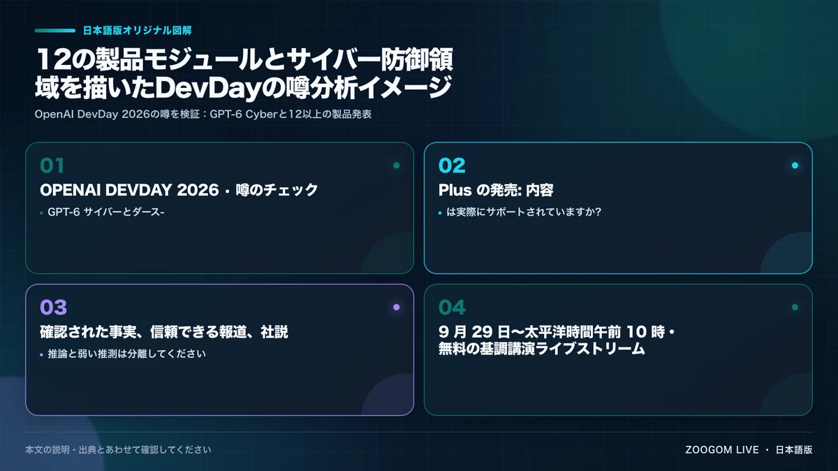 12の製品モジュールとサイバー防御領域を描いたDevDayの噂分析イメージ