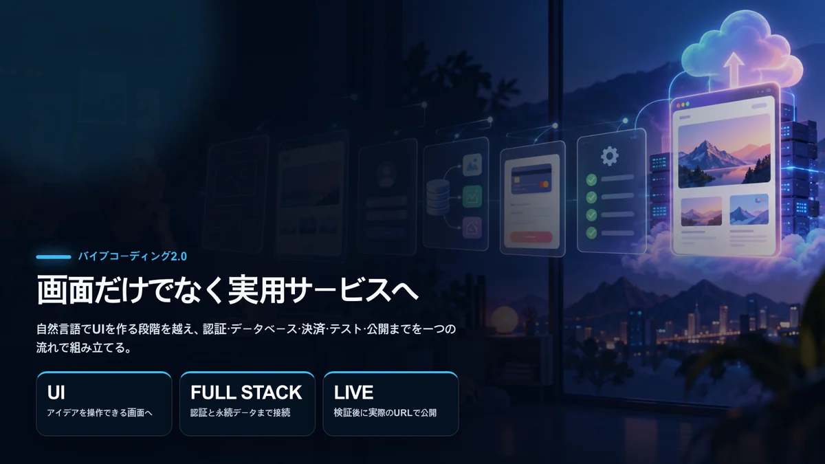 アイデアが画面、認証、データ、決済、テスト、クラウド公開を経て実用サービスになる流れ