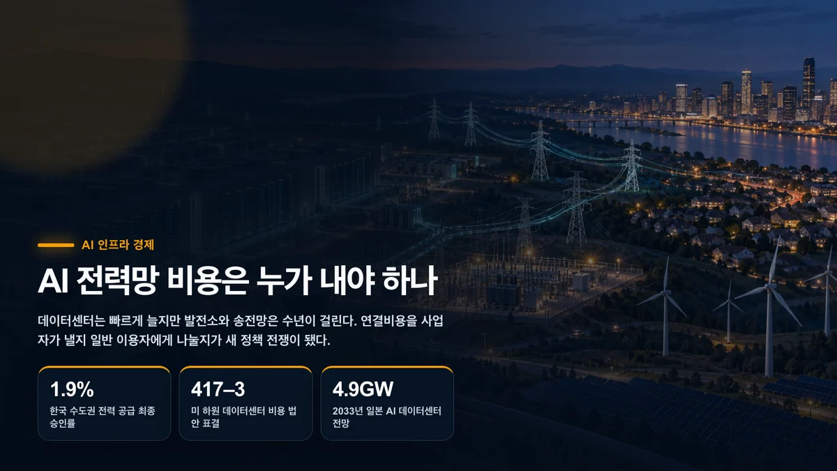 대규모 AI 데이터센터와 발전원, 송전망, 주거지역이 하나의 전력계통으로 연결된 모습