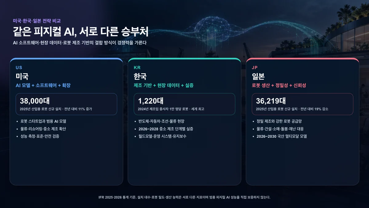 미국의 AI 소프트웨어, 한국의 제조 현장 데이터, 일본의 로봇 생산과 신뢰성을 비교한 피지컬 AI 전략