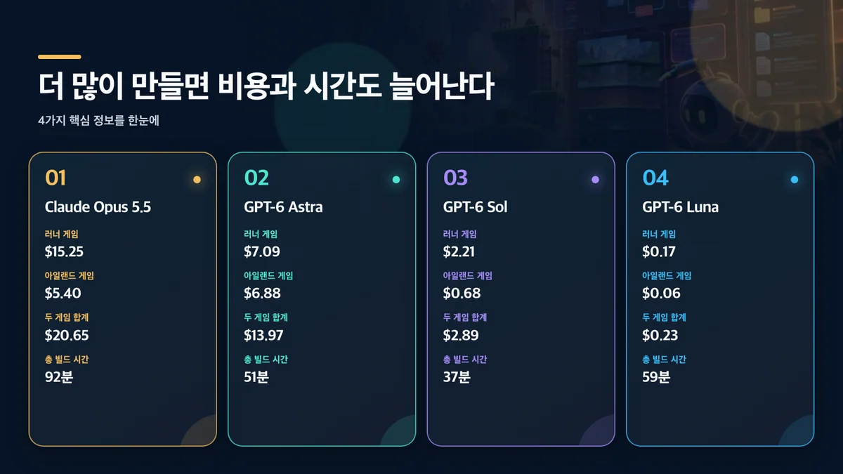 더 많이 만들면 비용과 시간도 늘어난다: 모델, 러너 게임, 아일랜드 게임, 두 게임 합계, 총 빌드 시간
